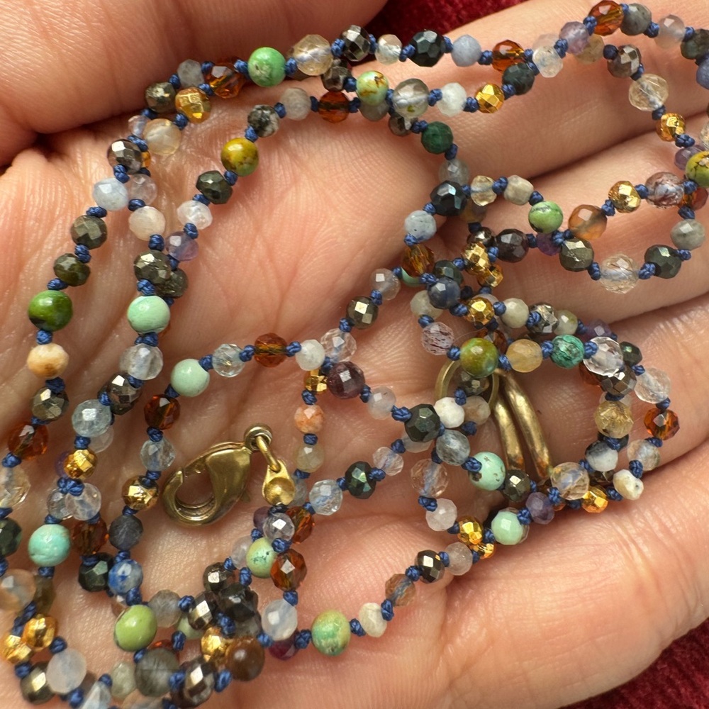 Extra long hand made hand knotted mixed gemstone necklace double layer wrap